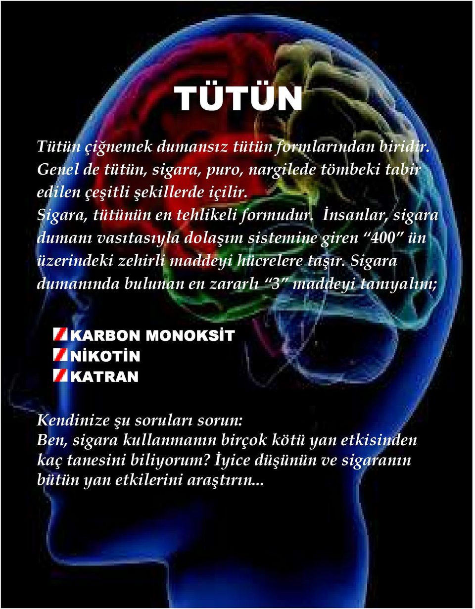 İnsanlar, sigara dumanı vasıtasıyla dolaşım sistemine giren 400 ün üzerindeki zehirli maddeyi hücrelere taşır.