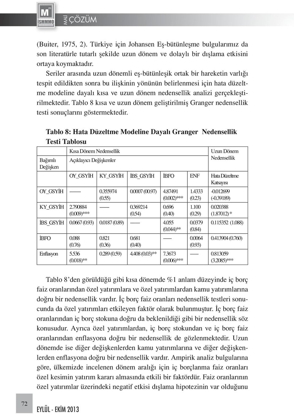 analizi gerçekleştirilmektedir. Tablo 8 kısa ve uzun dönem geliştirilmiş Granger nedensellik testi sonuçlarını göstermektedir.