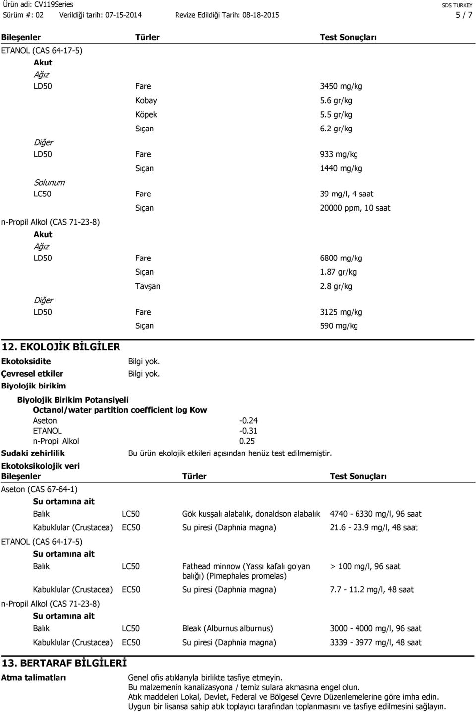 EKOLOJİK BİLGİLER Ekotoksidite Çevresel etkiler Biyolojik birikim Biyolojik Birikim Potansiyeli Octanol/water partition coefficient log Kow Aseton -0.24 ETANOL -0.31 n-propil Alkol 0.