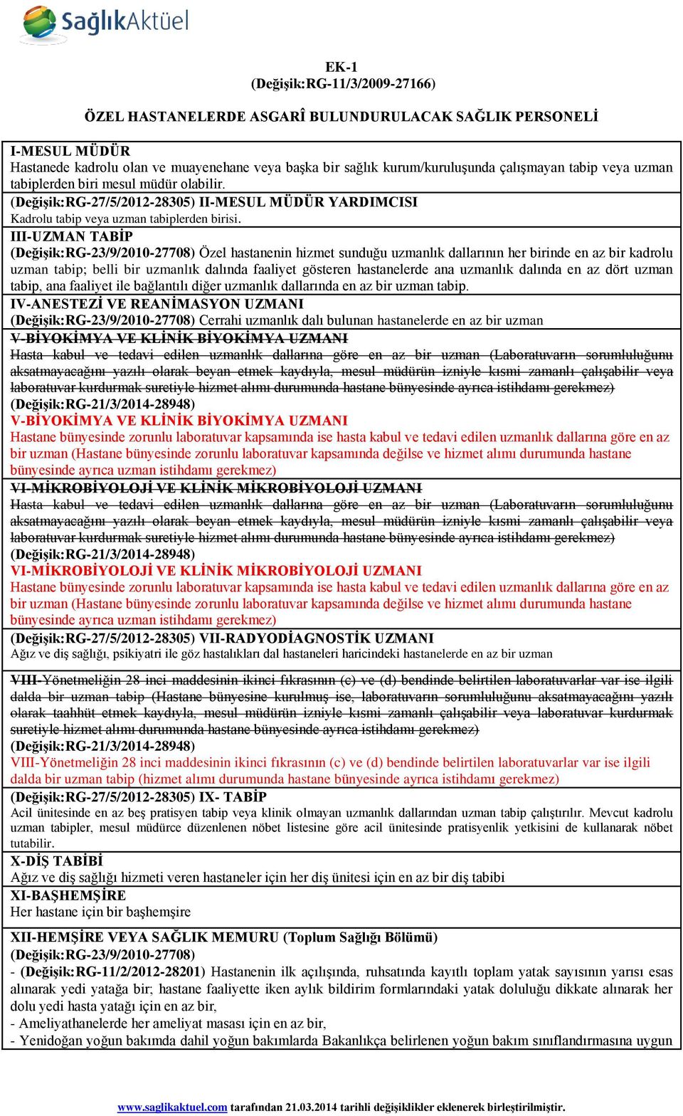 III-UZMAN TABİP (Değişik:RG-23/9/2010-27708) Özel hastanenin hizmet sunduğu uzmanlık dallarının her birinde en az bir kadrolu uzman tabip; belli bir uzmanlık dalında faaliyet gösteren hastanelerde