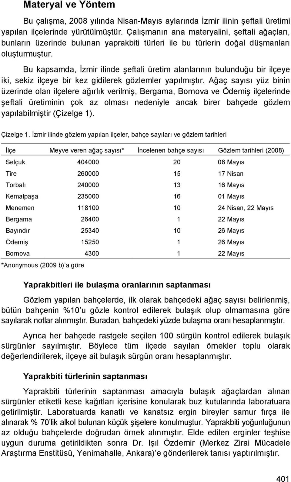 Bu kapsamda, İzmir ilinde şeftali üretim alanlarının bulunduğu bir ilçeye iki, sekiz ilçeye bir kez gidilerek gözlemler yapılmıştır.