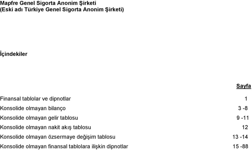 olmayan nakit akış tablosu 12 Konsolide olmayan özsermaye değişim