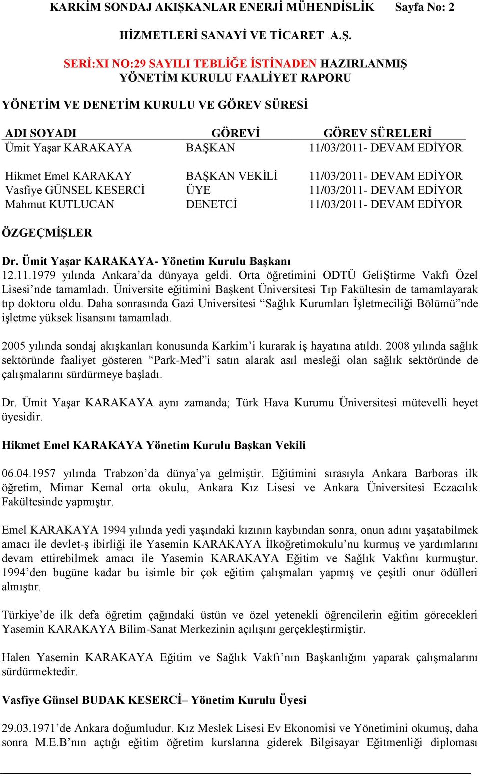 Ümit Yaşar KARAKAYA- Yönetim Kurulu Başkanı 12.11.1979 yılında Ankara da dünyaya geldi. Orta öğretimini ODTÜ GeliŞtirme Vakfı Özel Lisesi nde tamamladı.