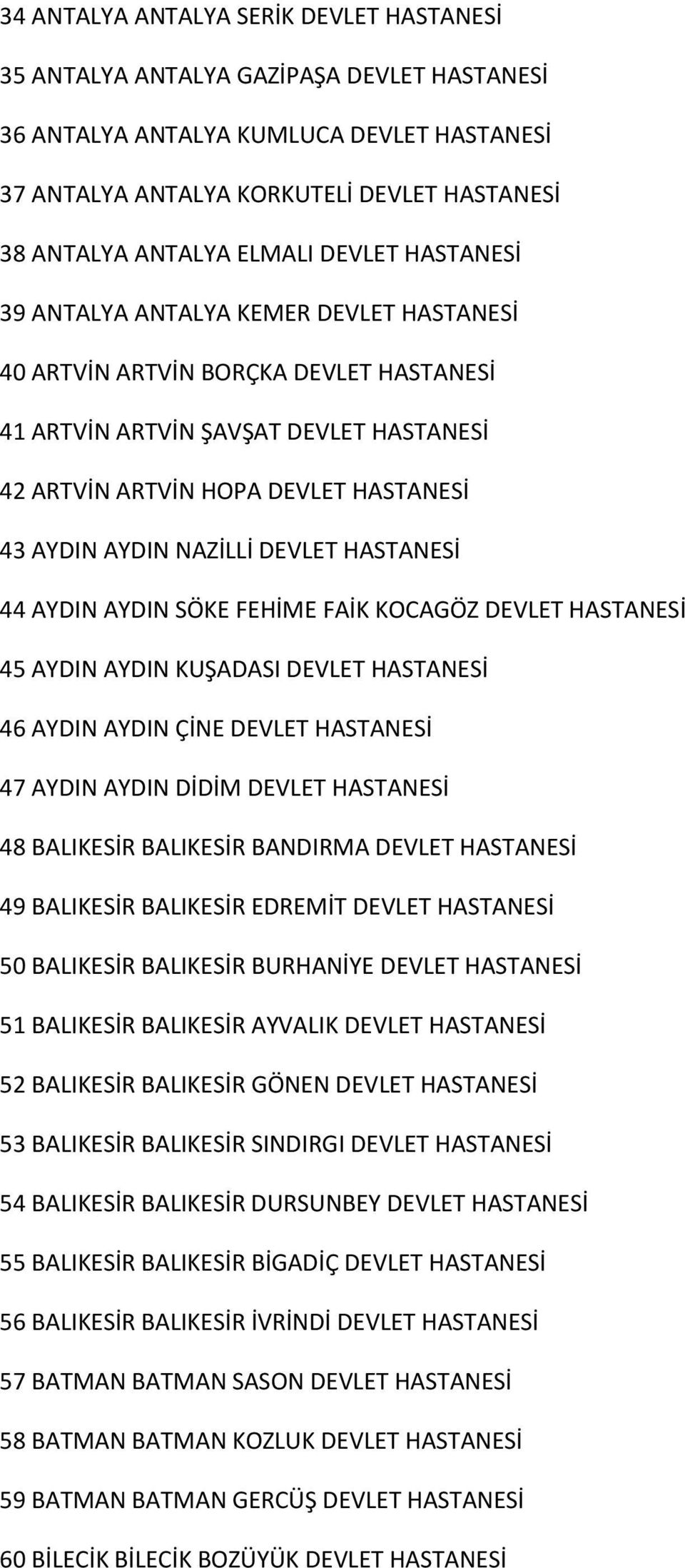 AYDIN NAZİLLİ DEVLET HASTANESİ 44 AYDIN AYDIN SÖKE FEHİME FAİK KOCAGÖZ DEVLET HASTANESİ 45 AYDIN AYDIN KUŞADASI DEVLET HASTANESİ 46 AYDIN AYDIN ÇİNE DEVLET HASTANESİ 47 AYDIN AYDIN DİDİM DEVLET