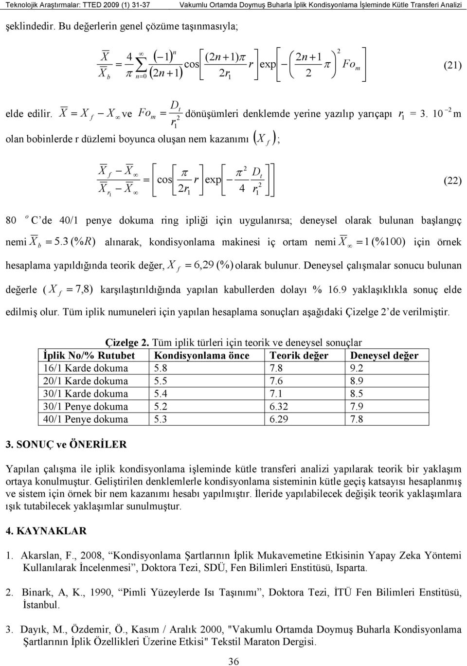 10 ola bobilerde r düzlemi boyuca oluşa em kazaımı ( ); m π π = cos r exp 4 r 1 D () 80 o C de 40/1 peye dokuma rig ipliği içi uygulaırsa; deeysel olarak bulua başlagıç emi b = 5.