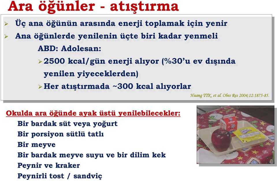 Okulda ara öğünde ayak üstü yenilebilecekler: Bir bardak süt veya yoğurt Bir porsiyon sütlü tatlı Bir meyve Bir bardak meyve suyu ve