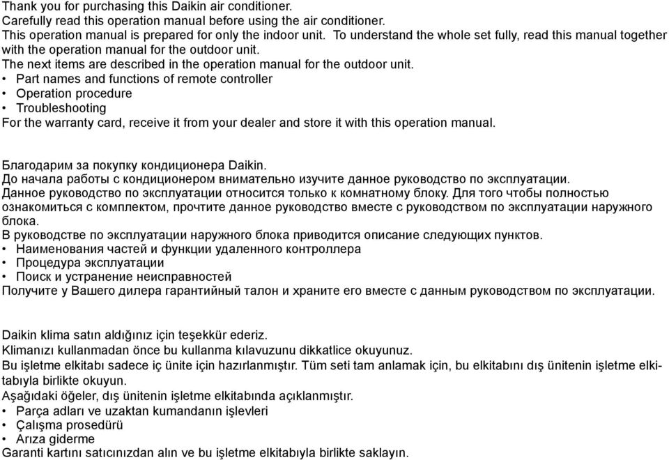 Part names and functions of remote controller Operation procedure Troubleshooting For the warranty card, receive it from your dealer and store it with this operation manual.