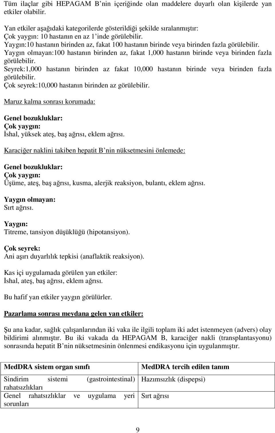 Yaygın:10 hastanın birinden az, fakat 100 hastanın birinde veya birinden fazla görülebilir. Yaygın olmayan:100 hastanın birinden az, fakat 1,000 hastanın birinde veya birinden fazla görülebilir.