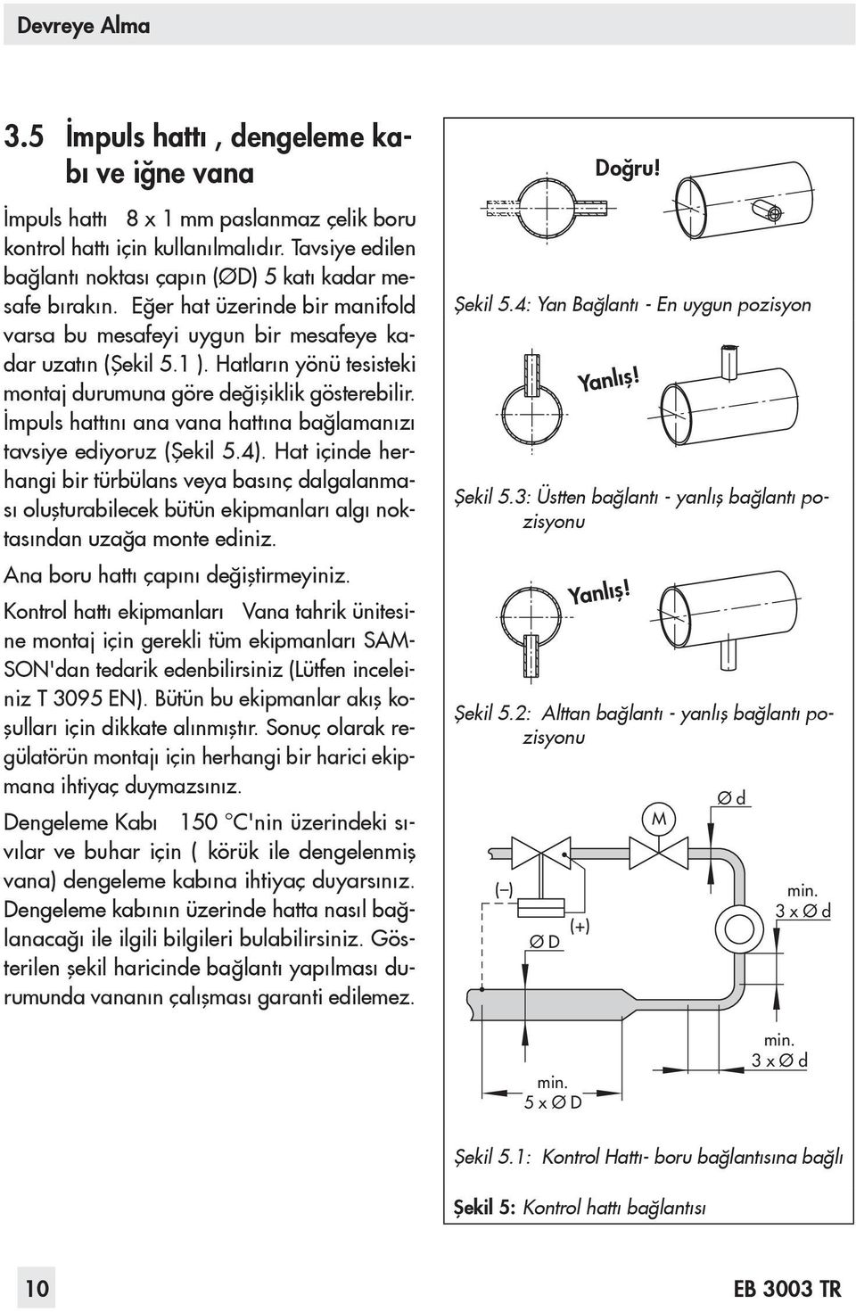 Hatların yönü tesisteki montaj durumuna göre değişiklik gösterebilir. İmpuls hattını ana vana hattına bağlamanızı tavsiye ediyoruz (Şekil 5.4).