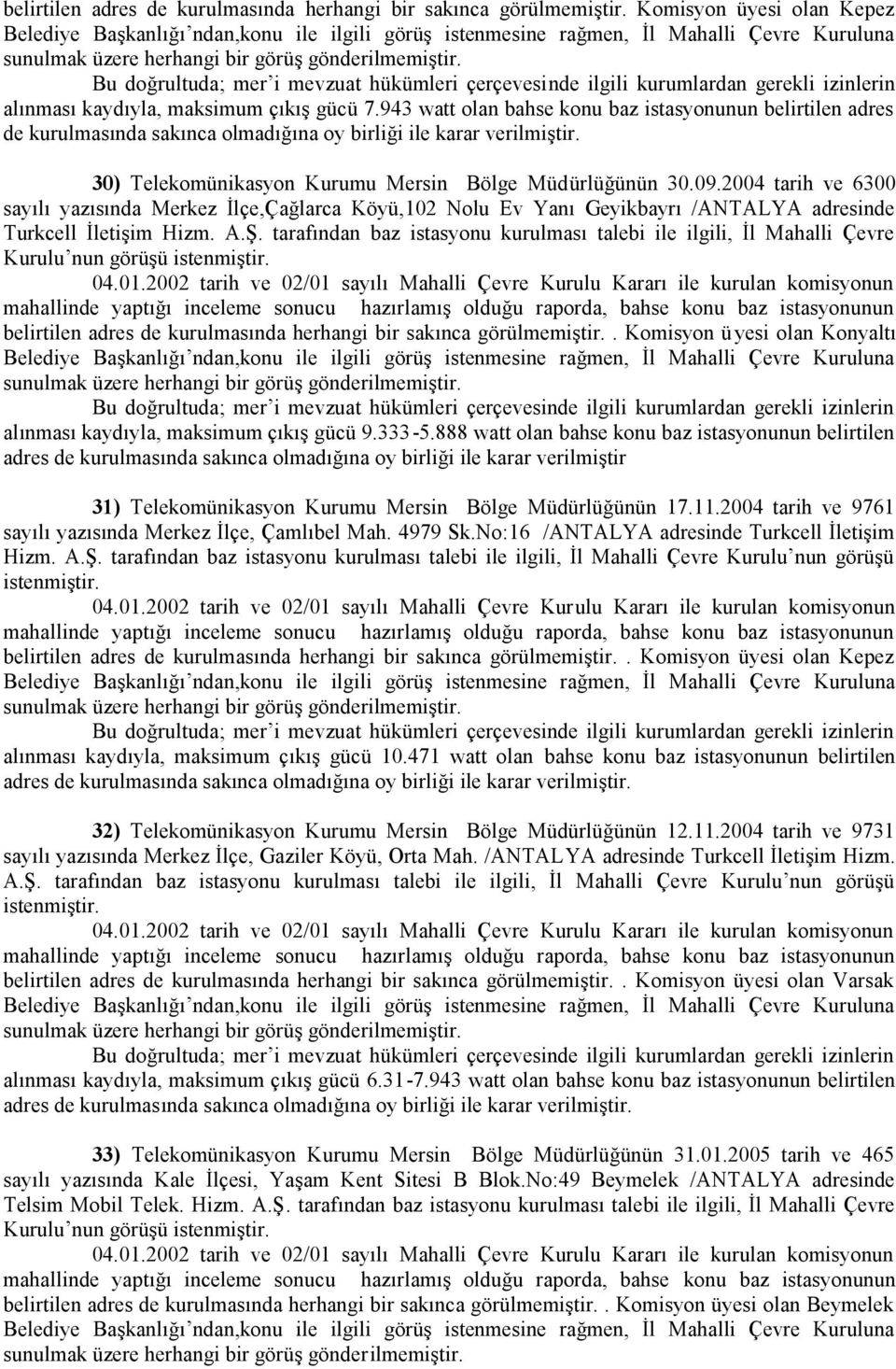 2004 tarih ve 6300 sayılı yazısında Merkez İlçe,Çağlarca Köyü,102 Nolu Ev Yanı Geyikbayrı /ANTALYA adresinde belirtilen adres de kurulmasında herhangi bir sakınca görülmemiştir.