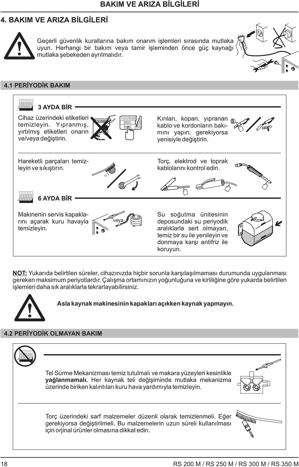 Yıpranmış, yırtılmış etiketleri onarın ve/veya değiştirin. Kırılan, kopan, yıpranan kablo ve kordonların bakımını yapın; gerekiyorsa yenisiyle değiştirin. Hareketli parçaları temizleyin ve sıkıştırın.