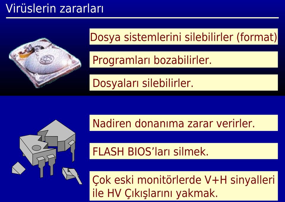 Nadiren donanıma zarar verirler. FLASH BIOS ları silmek.