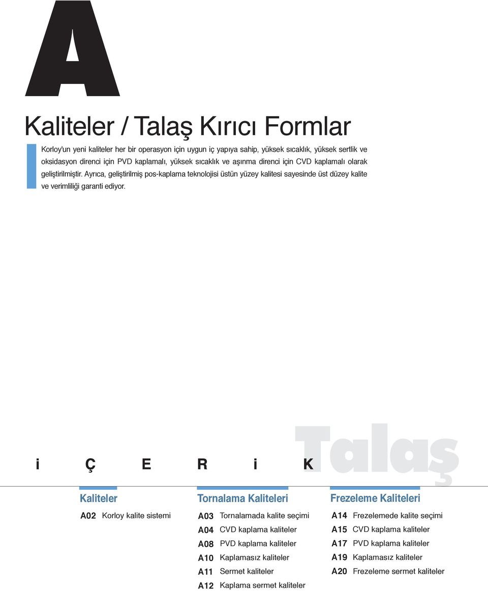 Talaş i Ç E R i aliteler 02 orloy kalite sistemi Tornalama aliteleri 03 Tornalamada kalite seçimi 04 CVD kaplama kaliteler 08 VD kaplama kaliteler 10 aplamasız kaliteler 11