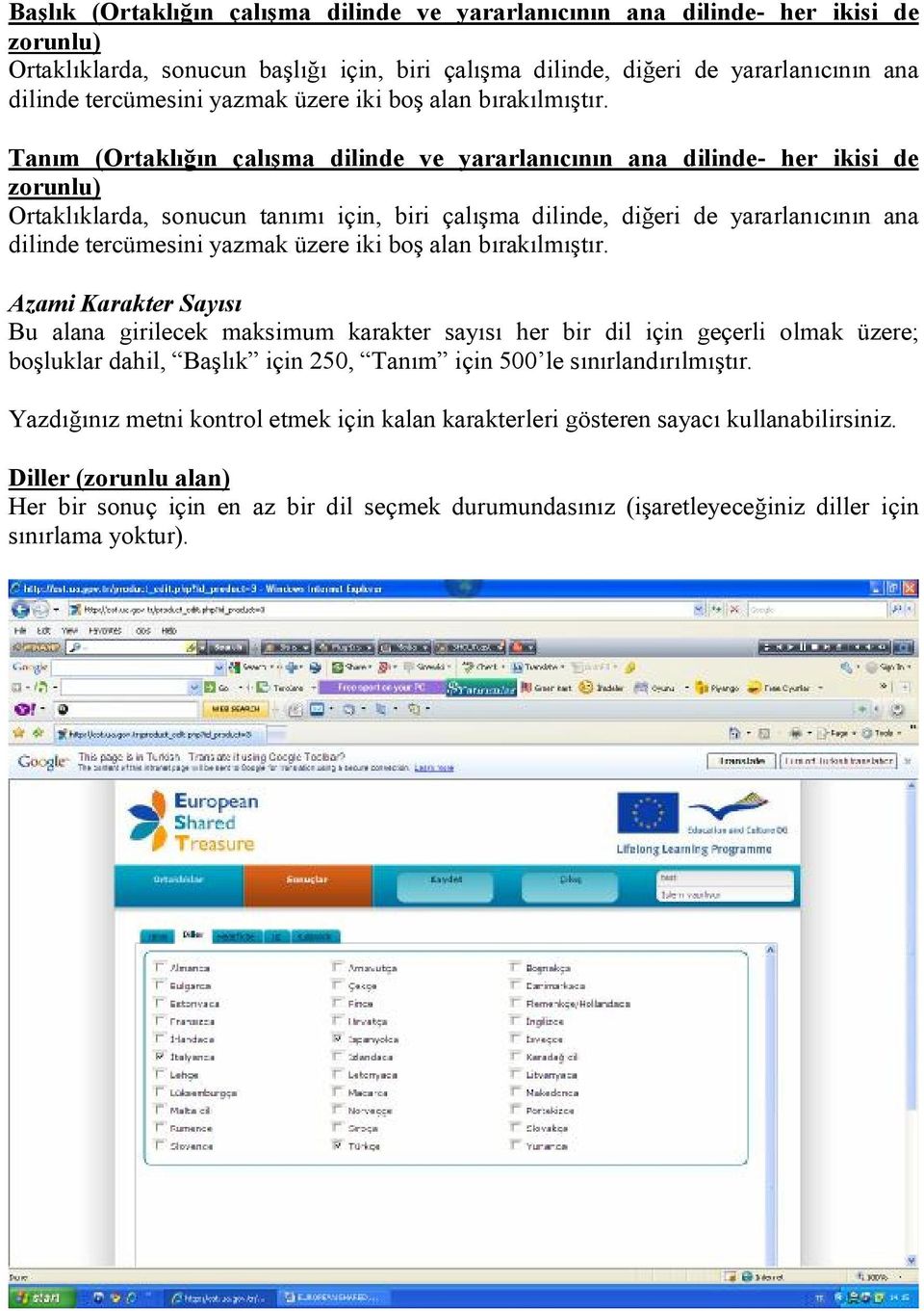 Tanım (Ortaklığın çalışma dilinde ve yararlanıcının ana dilinde- her ikisi de zorunlu) Ortaklıklarda, sonucun tanımı için, biri çalışma dilinde, diğeri de yararlanıcının ana dilinde tercümesini 