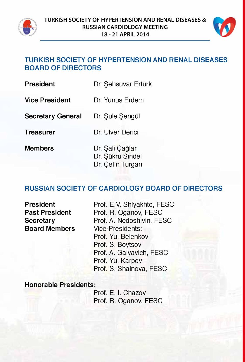 Çetin Turgan RUSSIAN SOCIETY OF CARDIOLOGY BOARD OF DIRECTORS President Past President Secretary Board Members Prof. E.V. Shlyakhto, FESC Prof. R. Oganov, FESC Prof.