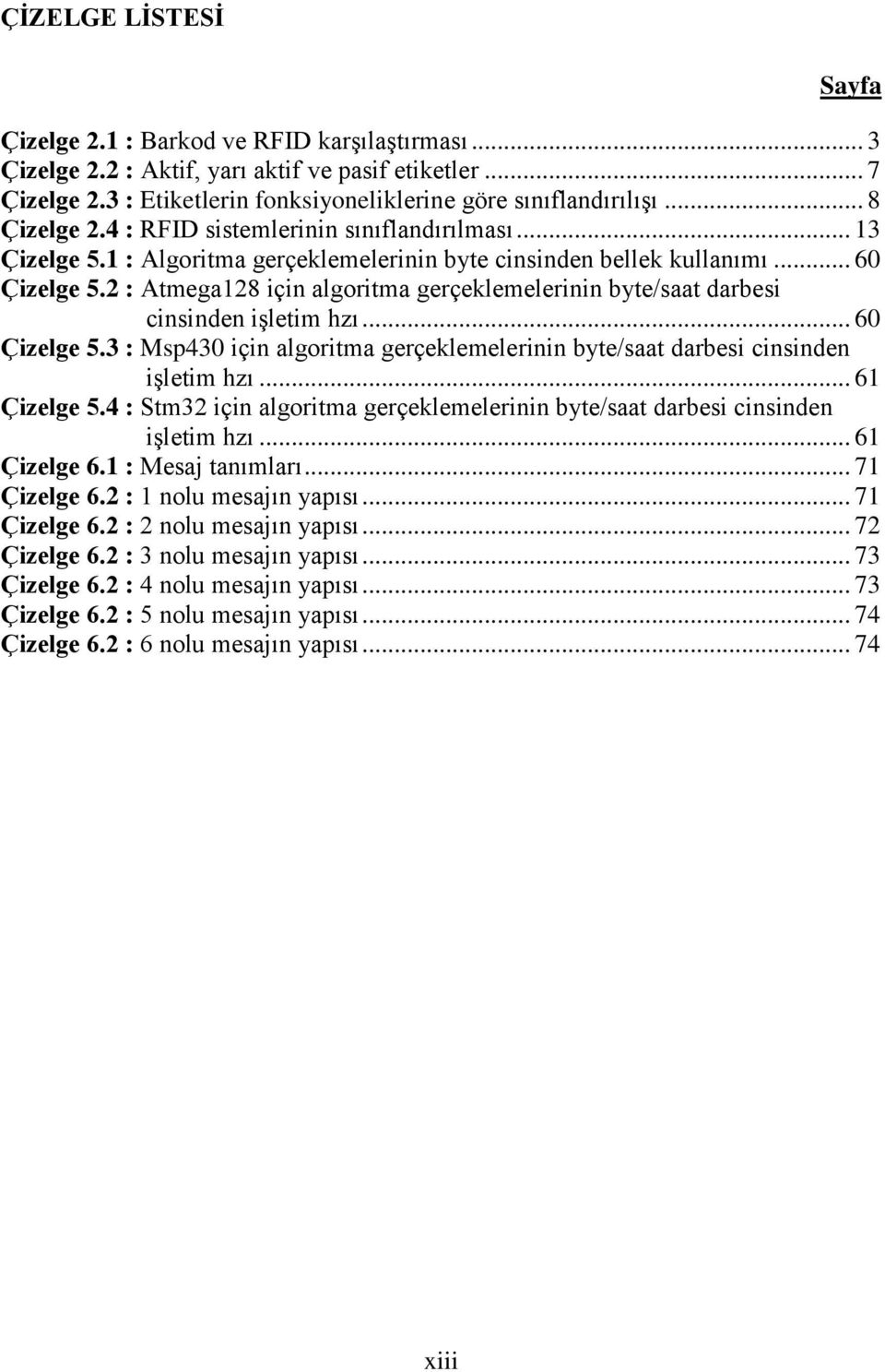 2 : Atmega128 için algoritma gerçeklemelerinin byte/saat darbesi cinsinden işletim hzı... 60 Çizelge 5.3 : Msp430 için algoritma gerçeklemelerinin byte/saat darbesi cinsinden işletim hzı.