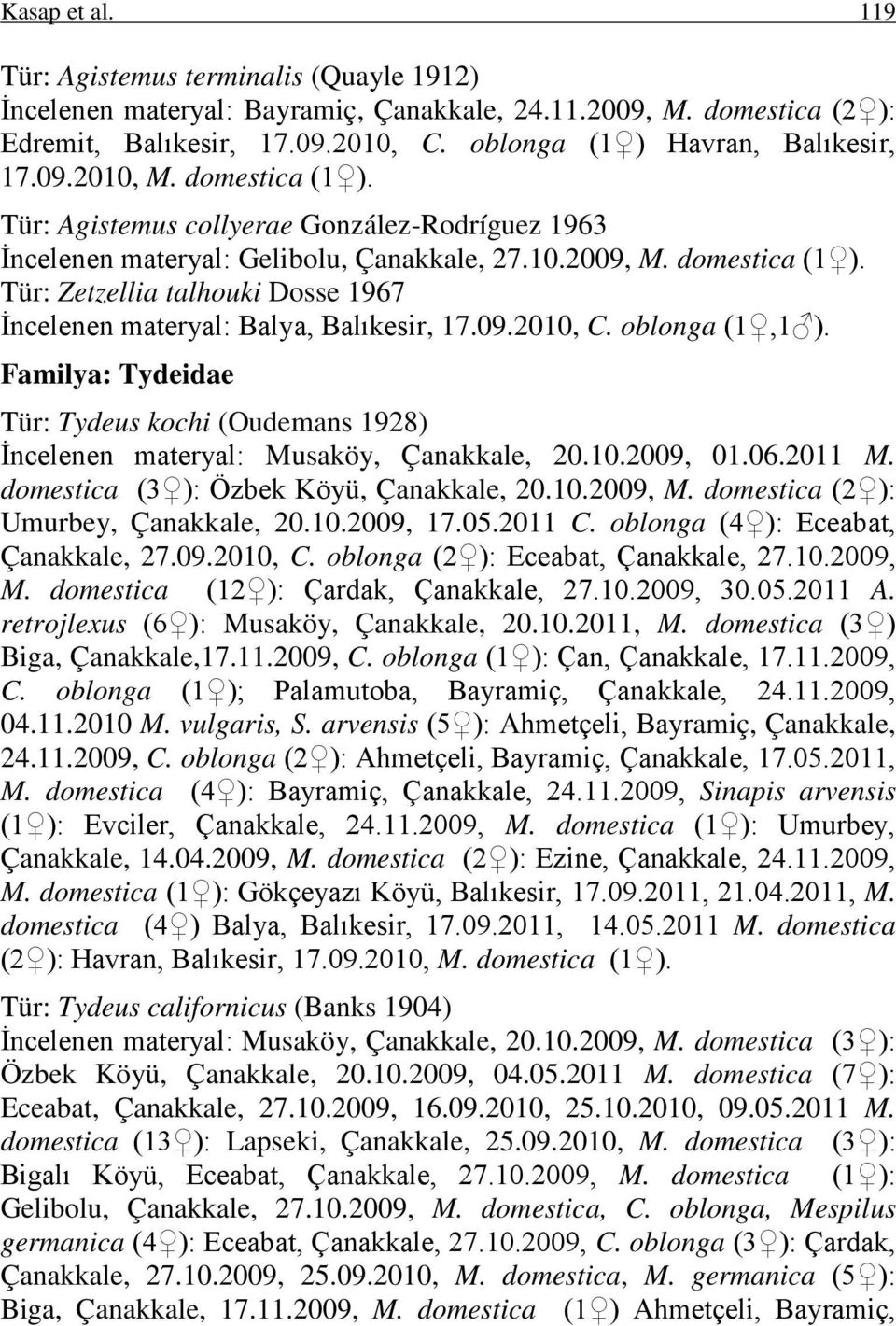 09.2010, C. oblonga (1,1 ). Familya: Tydeidae Tür: Tydeus kochi (Oudemans 1928) İncelenen materyal: Musaköy, Çanakkale, 20.10.2009, 01.06.2011 M. domestica (3 ): Özbek Köyü, Çanakkale, 20.10.2009, M.