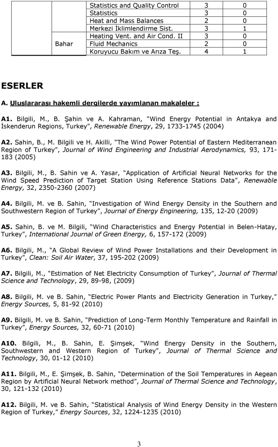 Kahraman, Wind Energy Potential in Antakya and İskenderun Regions, Turkey, Renewable Energy, 29, 1733-1745 (2004) A2. Sahin, B., M. Bilgili ve H.