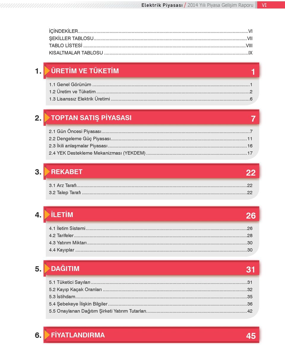 4 YEK Destekleme Mekanizması (YEKDEM)...17 3. REKABET 22 3.1 Arz Tarafı...22 3.2 Talep Tarafı...22 4. İLETİM 26 4.1 İletim Sistemi...26 4.2 Tarifeler...28 4.3 Yatırım Miktarı...30 4.