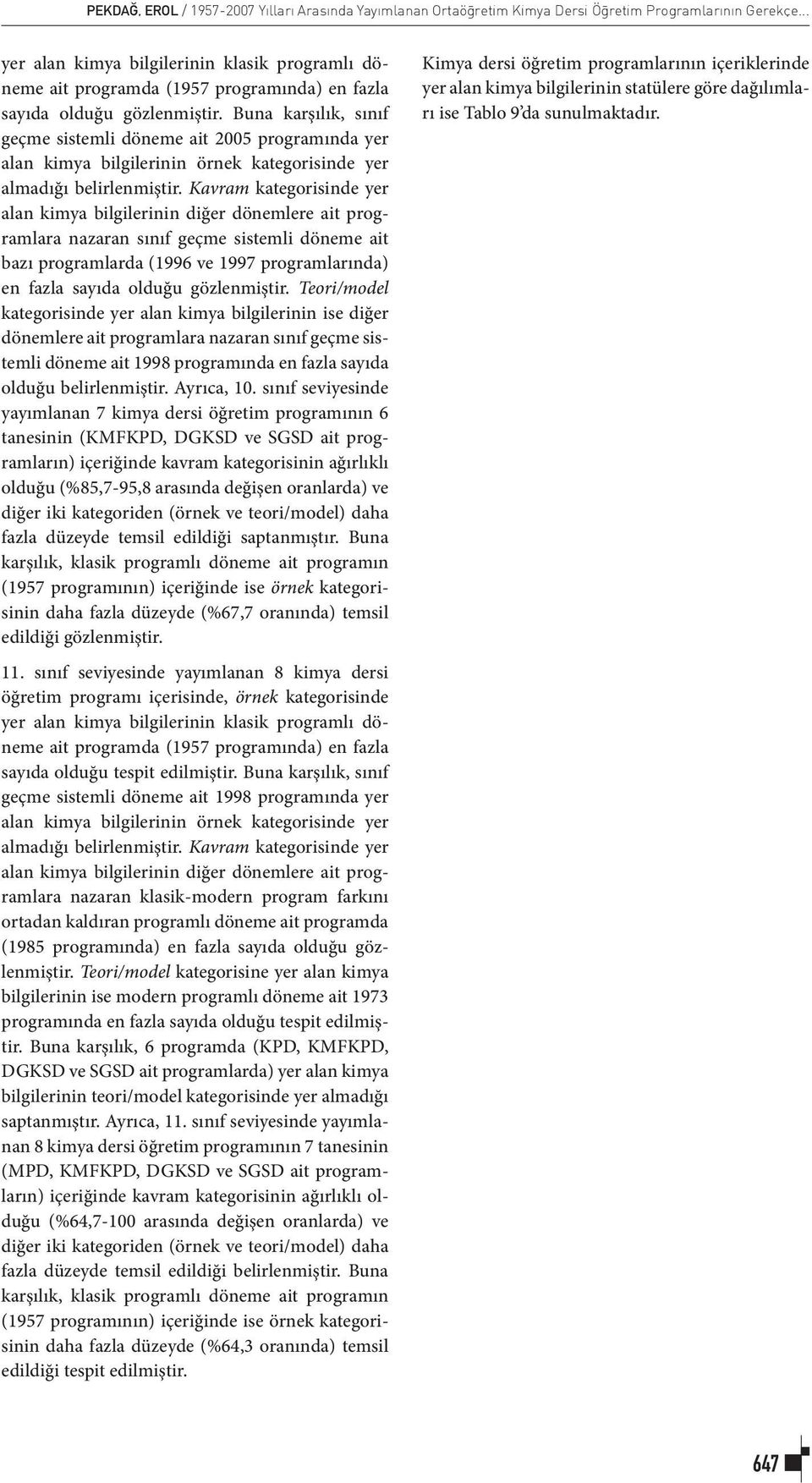 Buna karşılık, sınıf geçme sistemli döneme ait 2005 programında yer alan kimya bilgilerinin örnek kategorisinde yer almadığı belirlenmiştir.