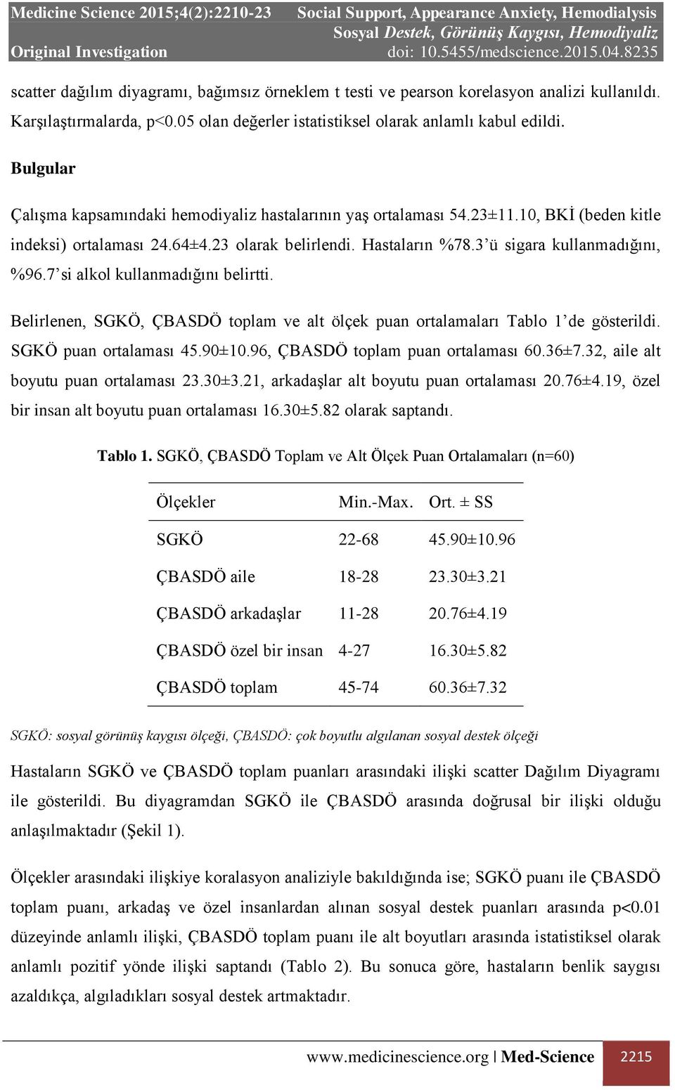 7 si alkol kullanmadığını belirtti. Belirlenen, SGKÖ, toplam ve alt ölçek puan ortalamaları Tablo 1 de gösterildi. SGKÖ puan ortalaması 45.90±10.96, toplam puan ortalaması 60.36±7.