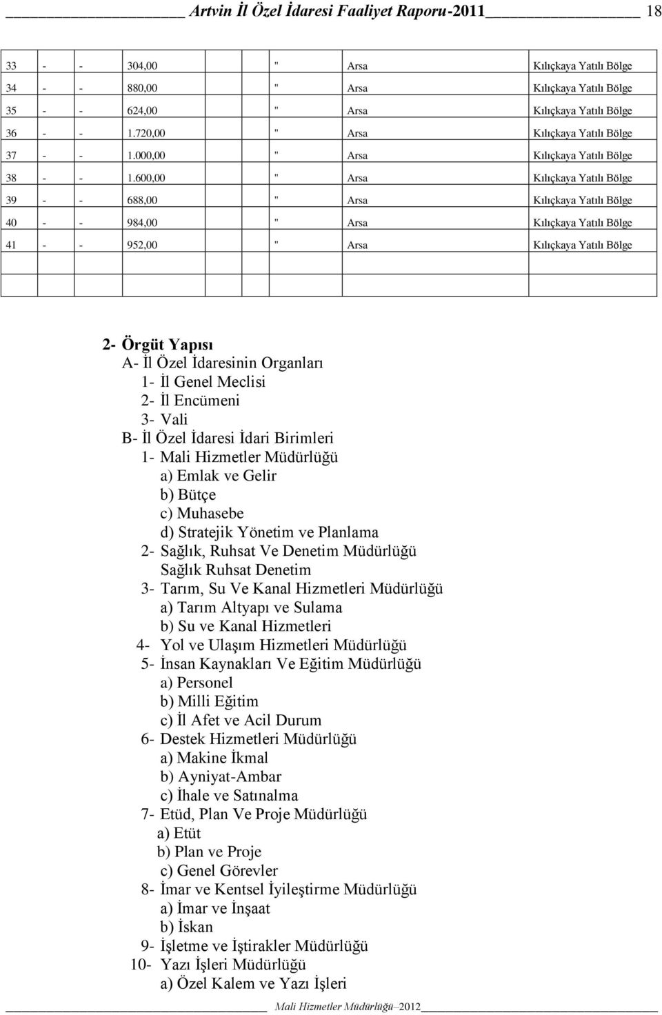 6, " Arsa Kılıçkaya Yatılı Bölge 39 - - 688, " Arsa Kılıçkaya Yatılı Bölge 4 - - 984, " Arsa Kılıçkaya Yatılı Bölge 41 - - 952, " Arsa Kılıçkaya Yatılı Bölge 2- Örgüt Yapısı A- Ġl Özel Ġdaresinin