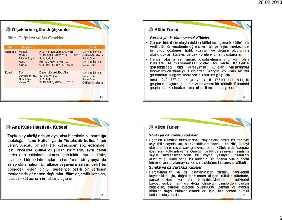 , 2013 Nominal-İsimsel Ordinal-Sıralama Nominal-İsimsel Nominal-İsimsel Ordinal-Sıralama Kütle Türleri Gerçek ya da Varsayımsal Kütleler Gerçek birimlerin oluşturdukları kütlelere, gerçek kütle adı