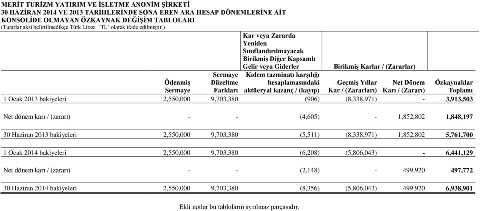 hesaplamasındaki aktüeryal kazanç / (kayıp) GeçmiĢ Yıllar Kar / (Zararları) Net Dönem Karı / (Zararı) Özkaynaklar Toplamı 1 Ocak 2013 bakiyeleri 2,550,000 9,703,380 (906) (8,338,971) - 3,913,503 Net