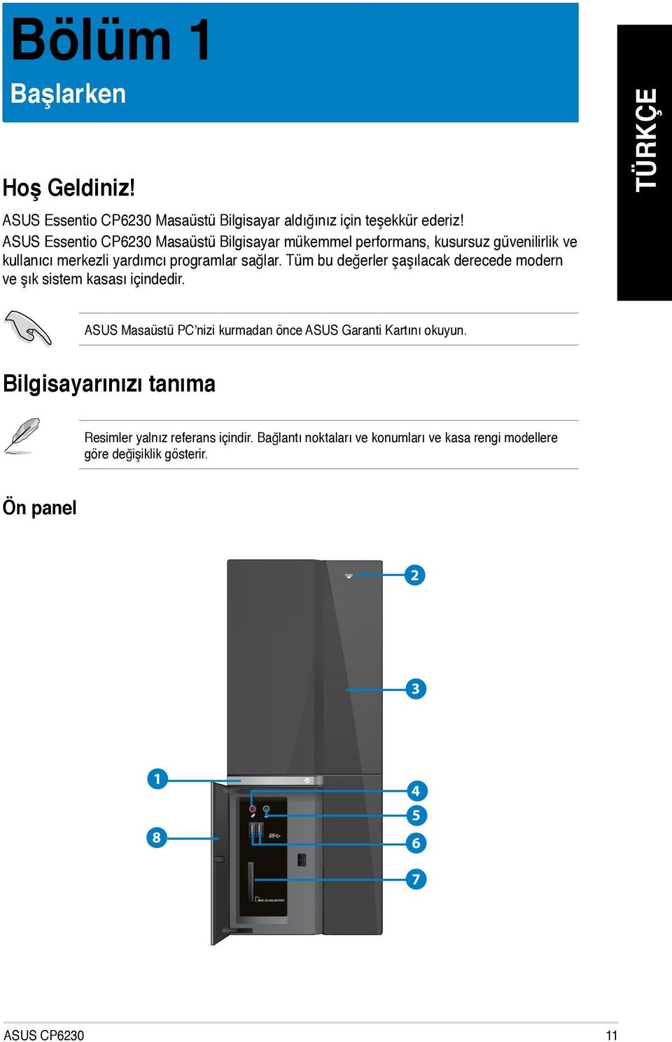 Tüm bu değerler şaşılacak derecede modern ve şık sistem kasası içindedir. ASUS Masaüstü PC nizi kurmadan önce ASUS Garanti Kartını okuyun.