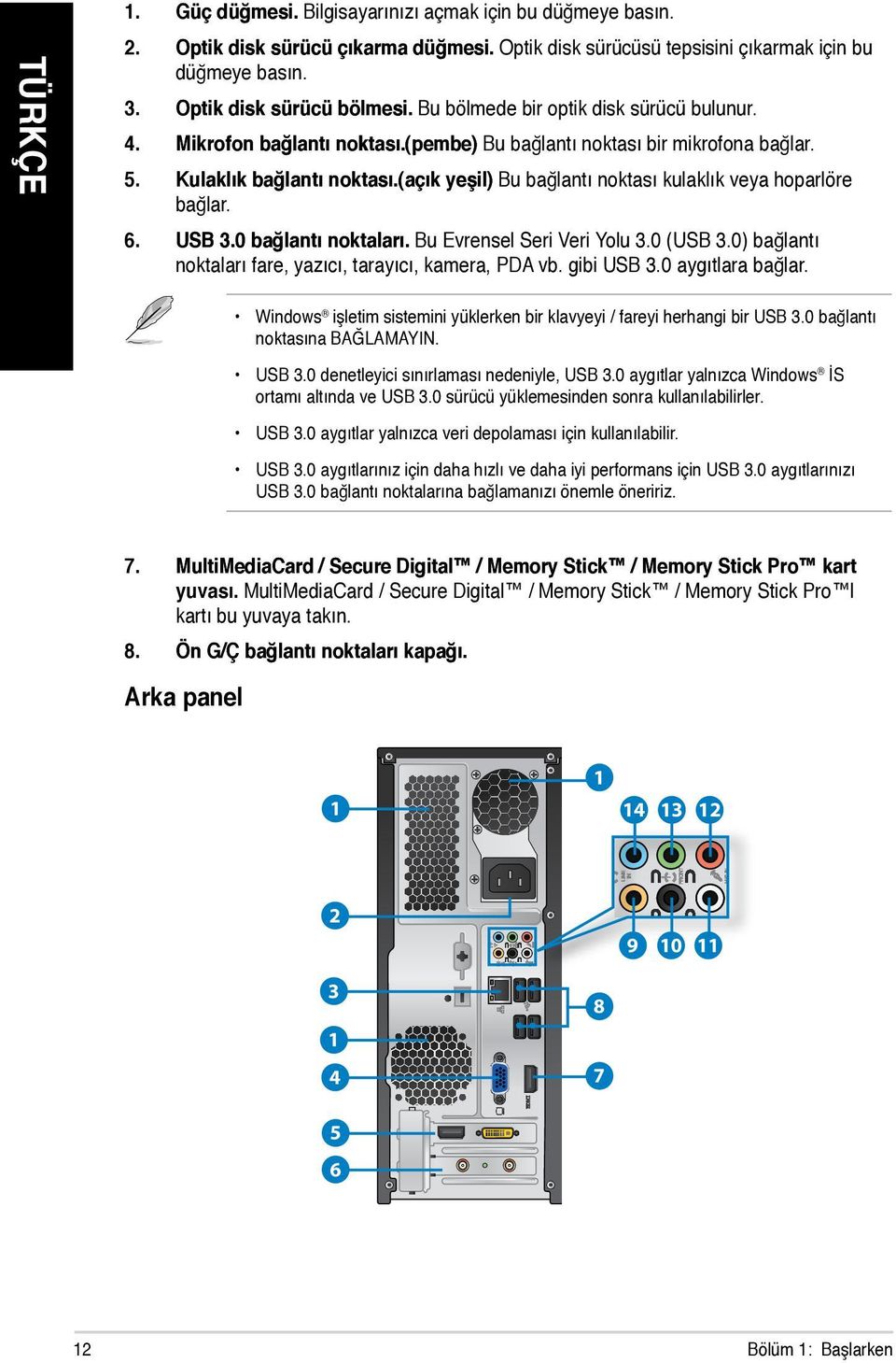 (açık yeşil yeşil) Bu bağlantı noktası kulaklık veya hoparlöre bağlar. 6. USB 3.0 bağlantı noktaları. Bu Evrensel Seri Veri Yolu 3.0 (USB 3.