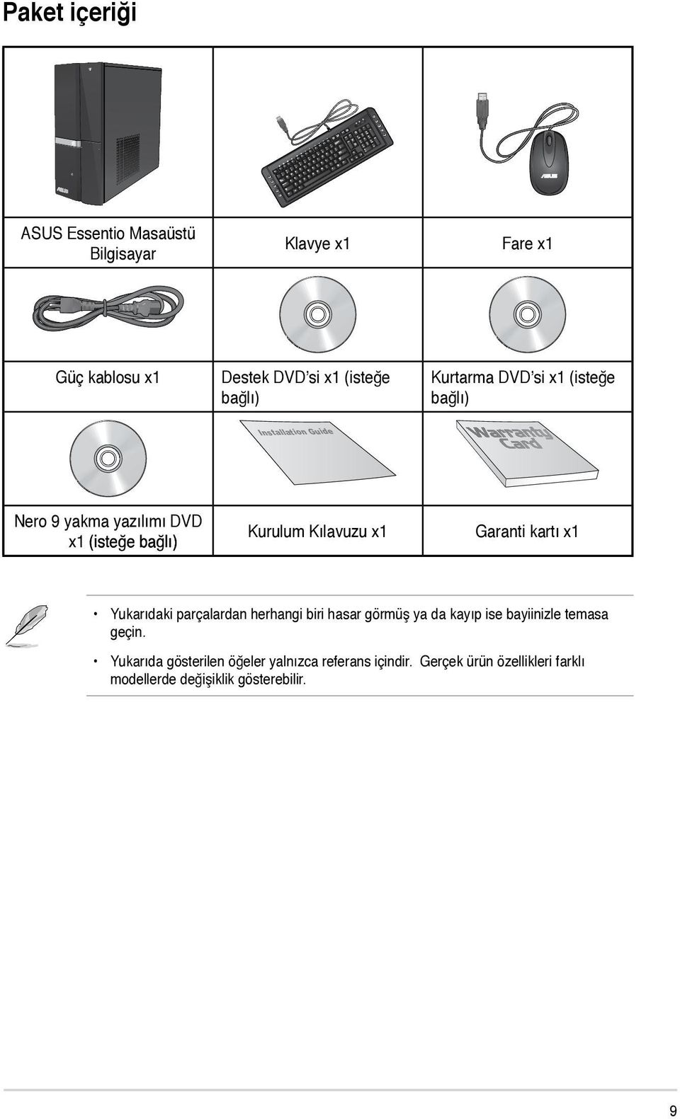 x1 Garanti kartı x1 Yukarıdaki parçalardan herhangi biri hasar görmüş ya da kayıp ise bayiinizle temasa geçin.