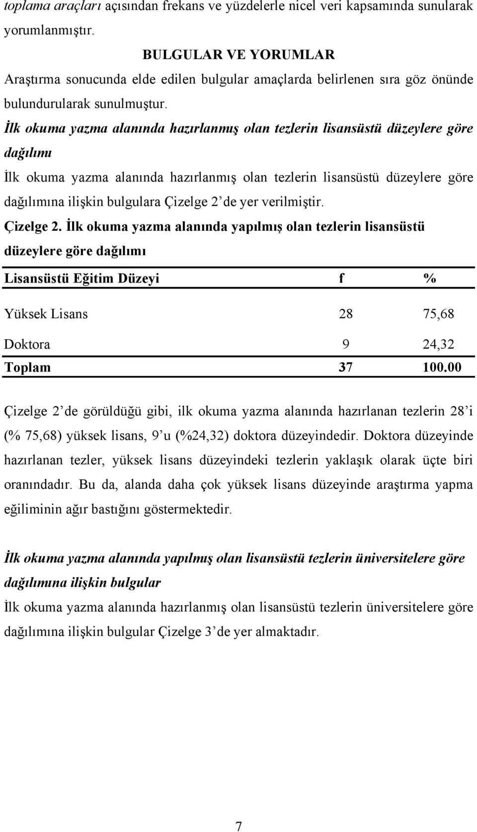 İlk okuma yazma alanında hazırlanmış olan tezlerin lisansüstü düzeylere göre dağılımı İlk okuma yazma alanında hazırlanmış olan tezlerin lisansüstü düzeylere göre dağılımına ilişkin bulgulara Çizelge