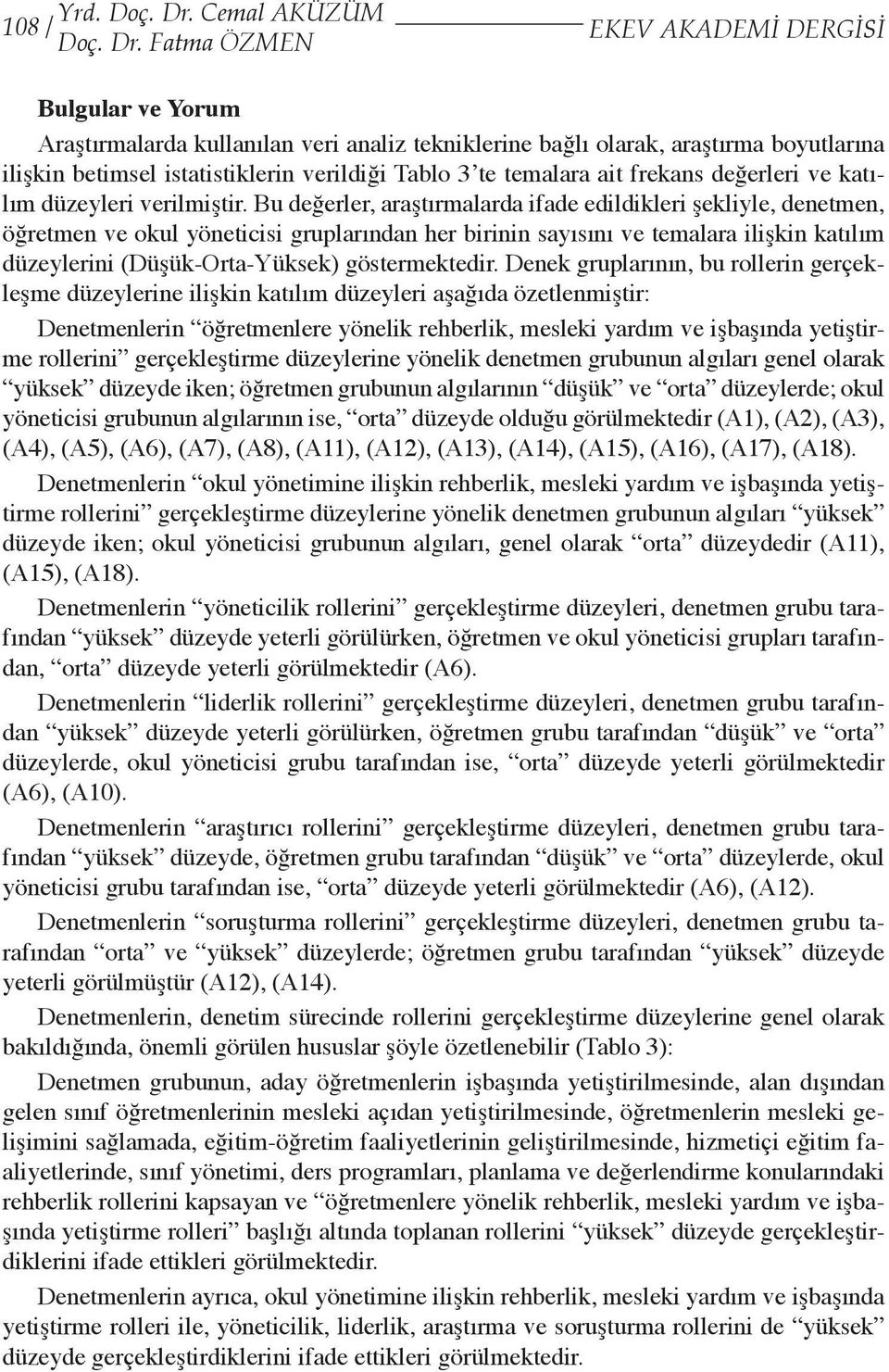 Ftm ÖZMEN EKEV AKADEMİ DERGİSİ Bulgulr ve Yorum Arştırmlr kullnıln veri nliz tekniklerine ğlı olrk, rştırm oyutlrın ilişkin etimsel isttistiklerin veriliği Tlo 3 te temlr it frekns eğerleri ve ktılım