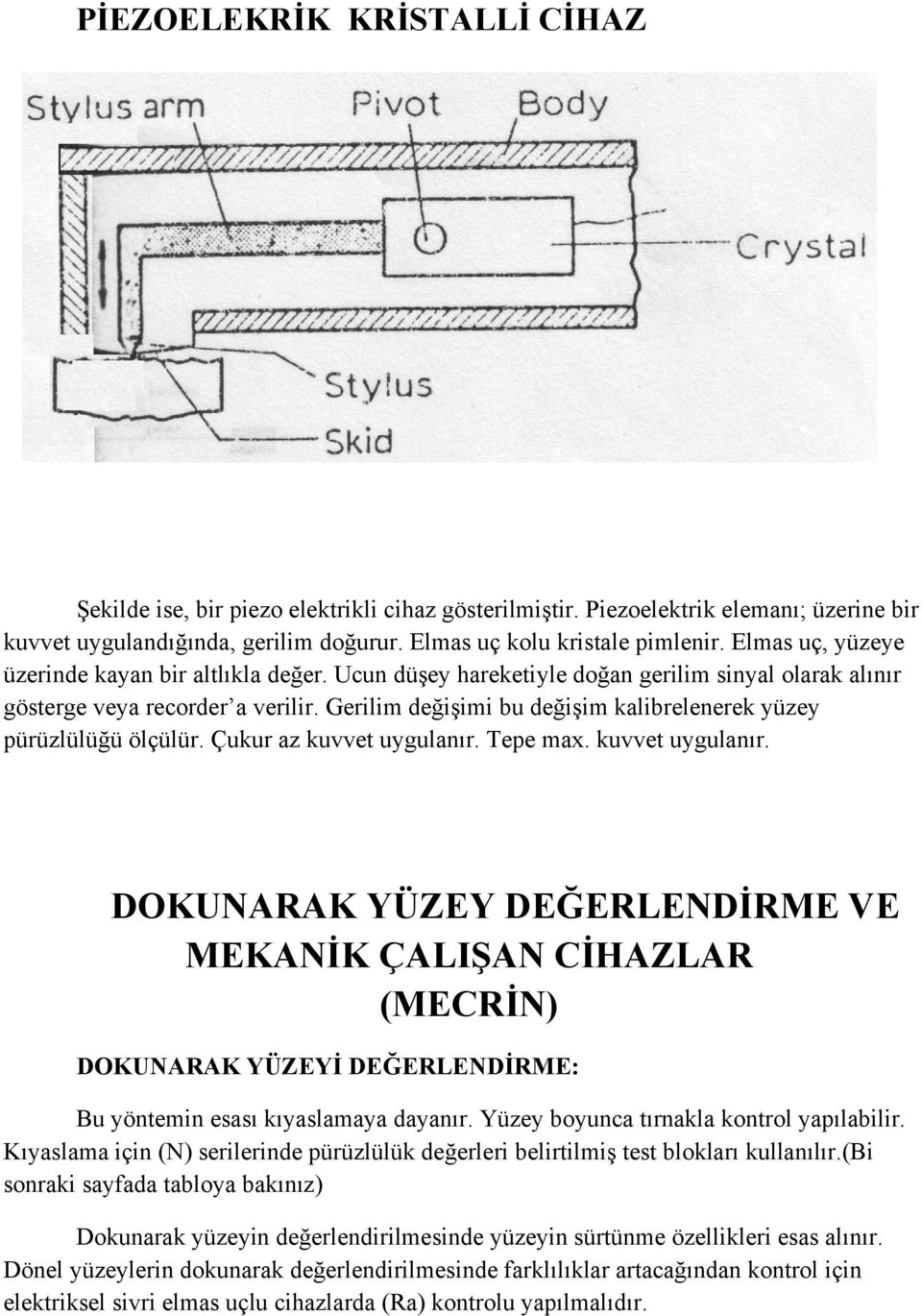 Gerilim değişimi bu değişim kalibrelenerek yüzey pürüzlülüğü ölçülür. Çukur az kuvvet uygulanır.