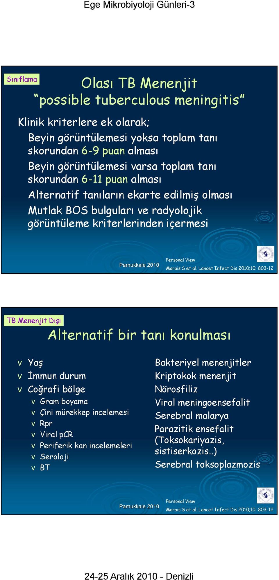 Lancet Infect Dis 2010;10: 803-12 TB Menenjit Dışı Alternatif bir tanı konulması v Yaş v İmmun durum v Coğrafi bölge v Gram boyama v Çini mürekkep incelemesi v Rpr v Viral pcr v Periferik kan