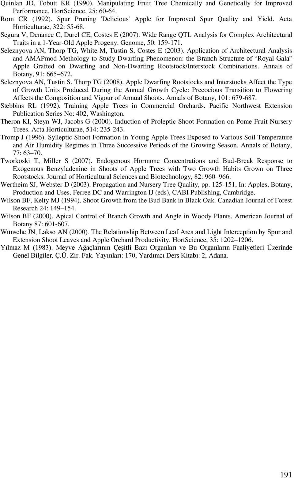 Wide Range QTL Analysis for Complex Architectural Traits in a 1-Year-Old Apple Progeny. Genome, 50: 159-171. Seleznyova AN, Thorp TG, White M, Tustin S, Costes E (2003).