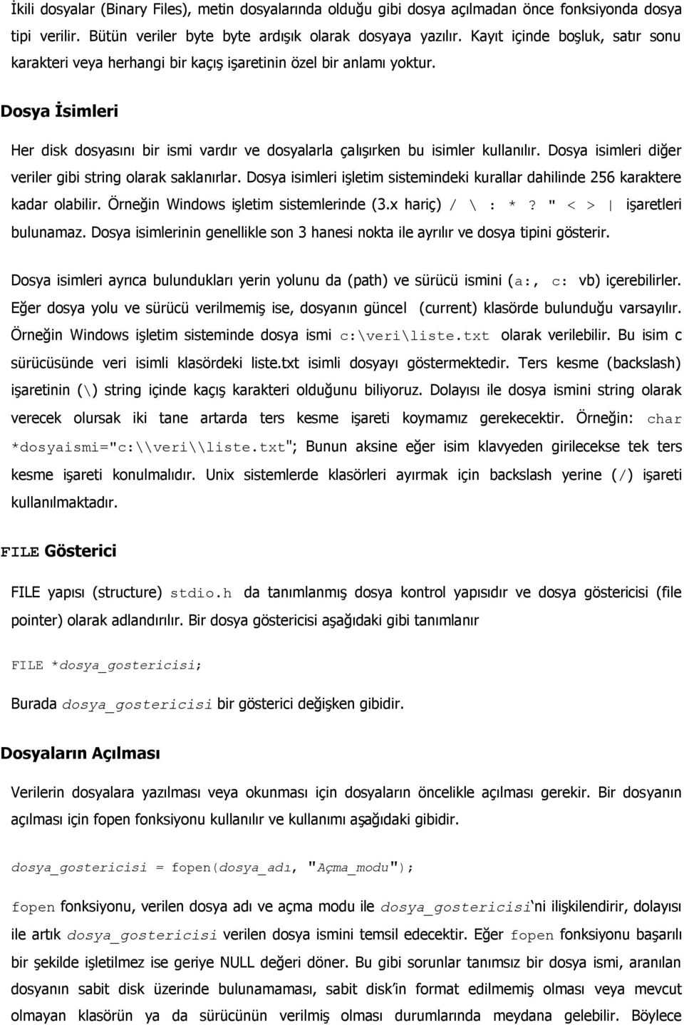 Dosya isimleri diğer veriler gibi string olarak saklanırlar. Dosya isimleri işletim sistemindeki kurallar dahilinde 256 karaktere kadar olabilir. Örneğin Windows işletim sistemlerinde (3.