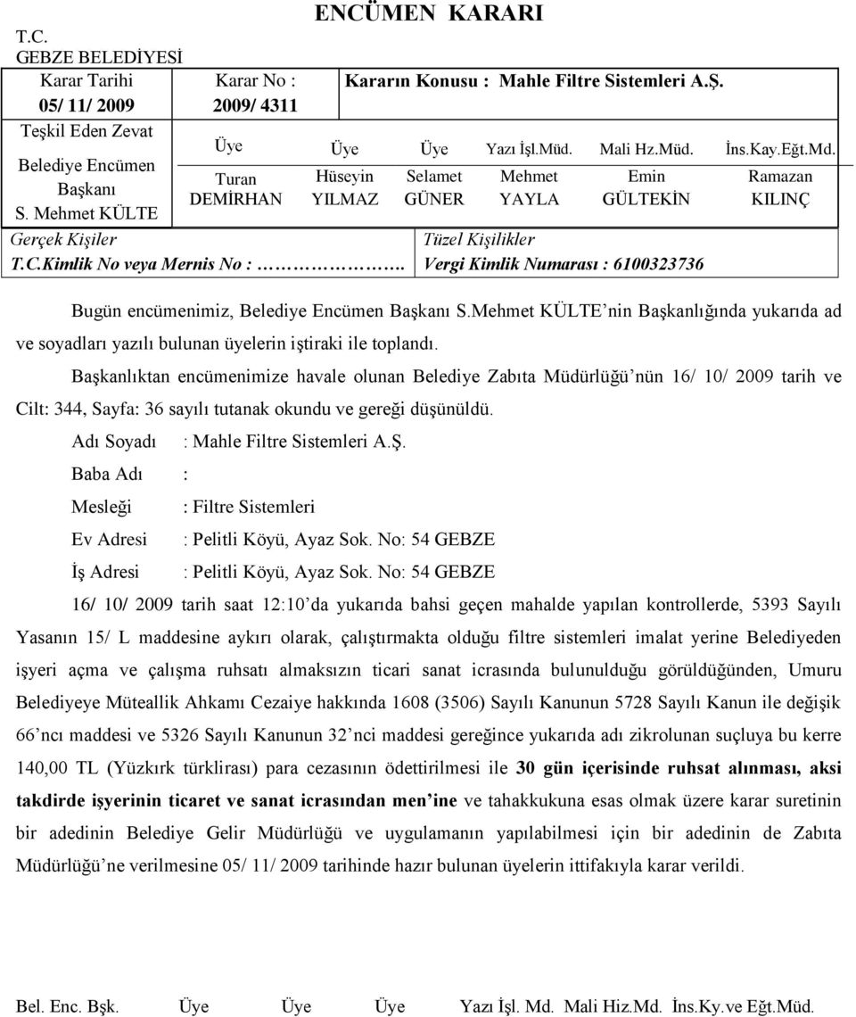 Baba Adı : : Mahle Filtre Sistemleri A.ġ. : Filtre Sistemleri : Pelitli Köyü, Ayaz Sok. No: 54 GEBZE : Pelitli Köyü, Ayaz Sok.