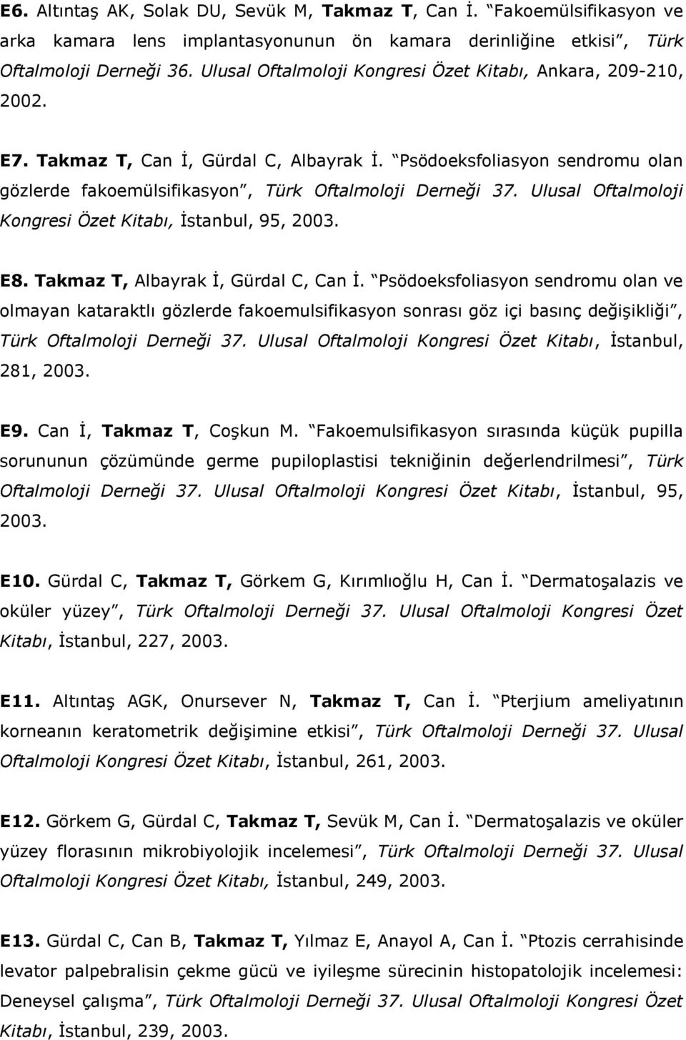 Ulusal Oftalmoloji Kongresi Özet Kitabı, İstanbul, 95, 2003. E8. Takmaz T, Albayrak İ, Gürdal C, Can İ.