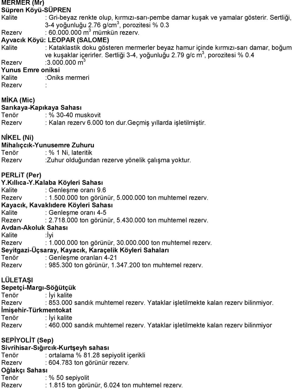 79 g/c m 3, porozitesi % 0.4 Rezerv :3.000.000 m 3 Yunus Emre oniksi Kalite :Oniks mermeri Rezerv : MİKA (Mic) Sarıkaya-Kapıkaya Sahası Tenör : % 30-40 muskovit Rezerv : Kalan rezerv 6.000 ton dur.