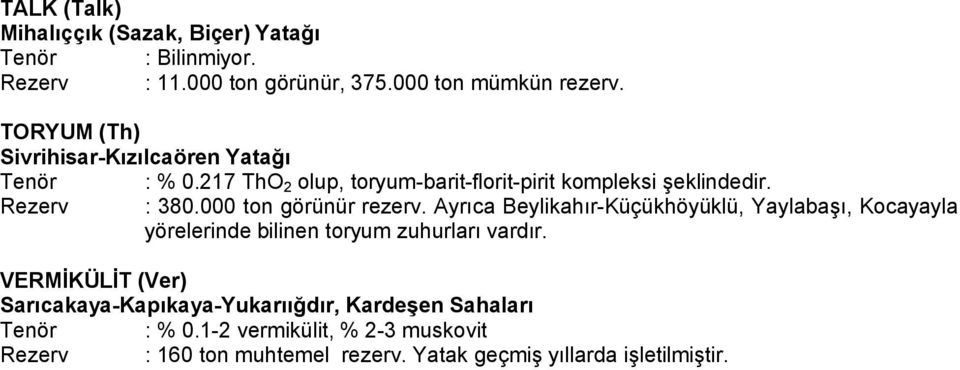 000 ton görünür rezerv. Ayrıca Beylikahır-Küçükhöyüklü, Yaylabaşı, Kocayayla yörelerinde bilinen toryum zuhurları vardır.