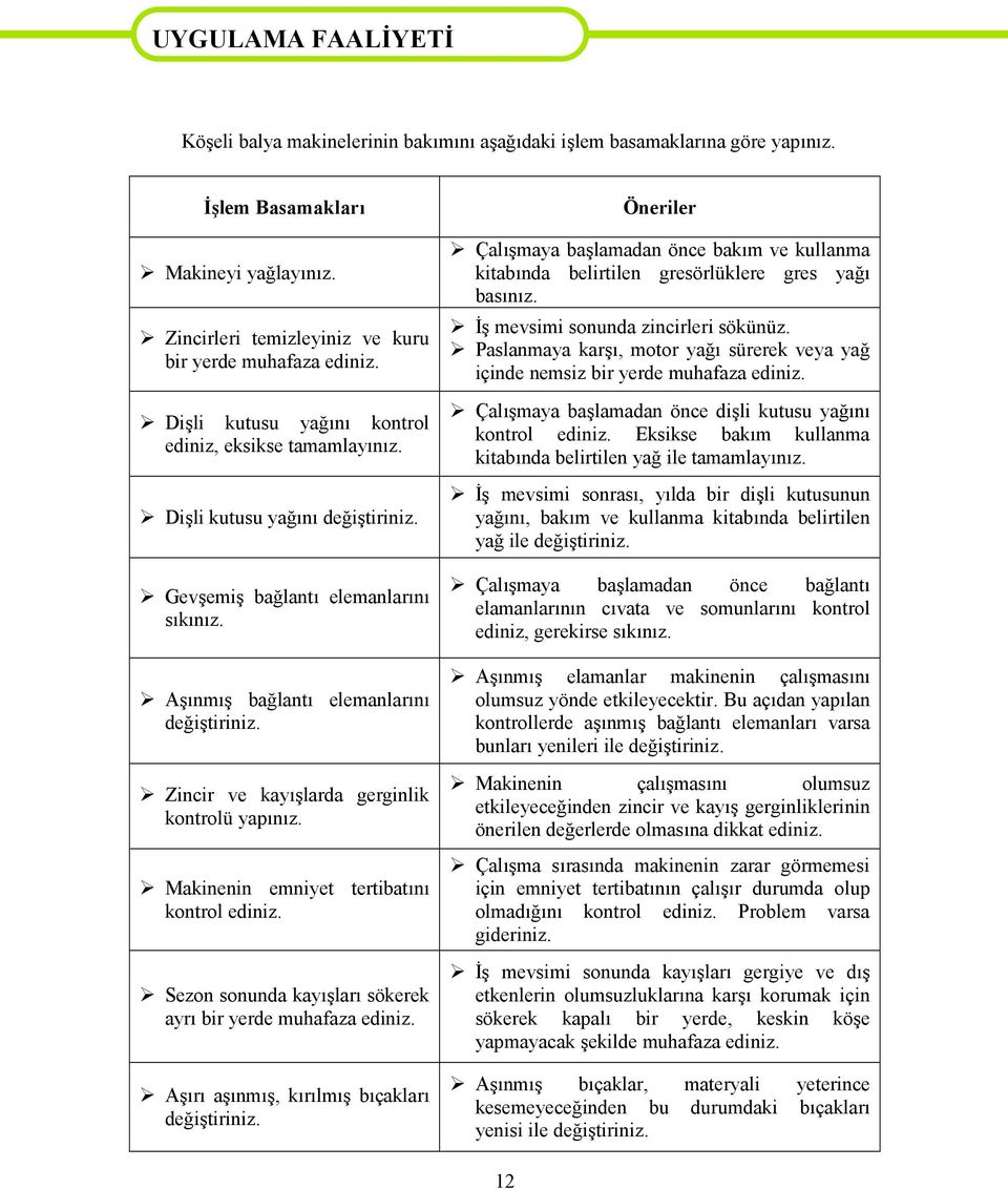 Aşınmış bağlantı elemanlarını değiştiriniz. Zincir ve kayışlarda gerginlik kontrolü yapınız. Makinenin emniyet tertibatını kontrol ediniz.