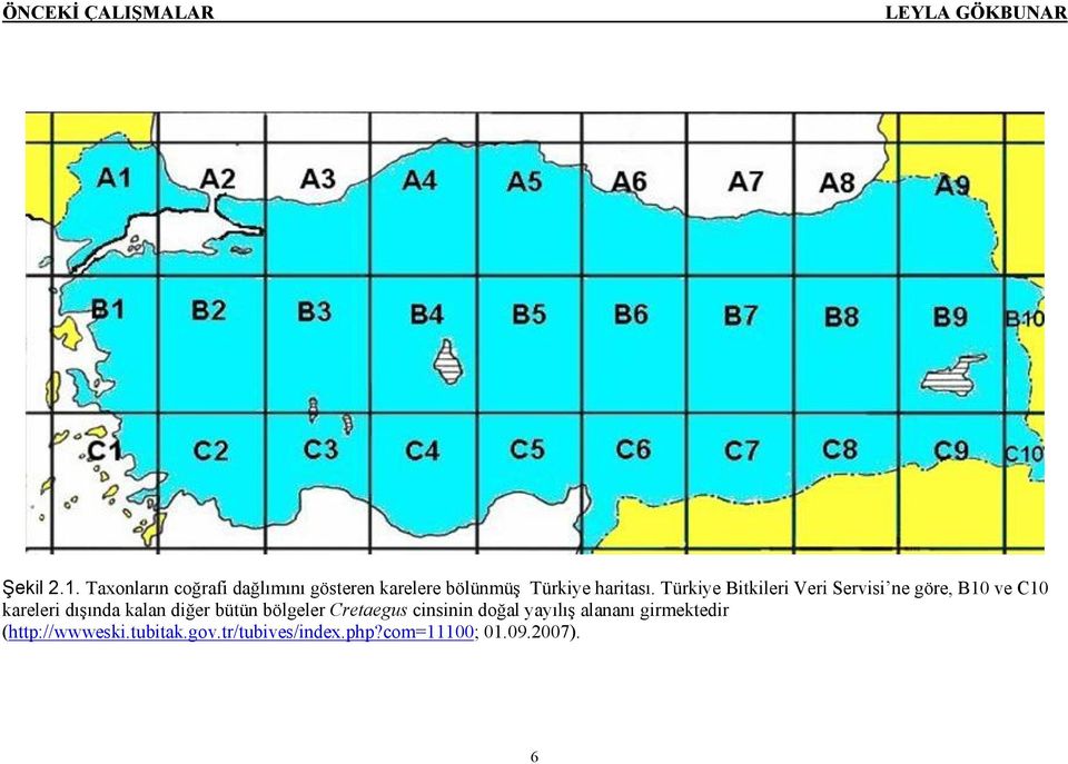 Türkiye Bitkileri Veri Servisi ne göre, B10 ve C10 kareleri dışında kalan diğer