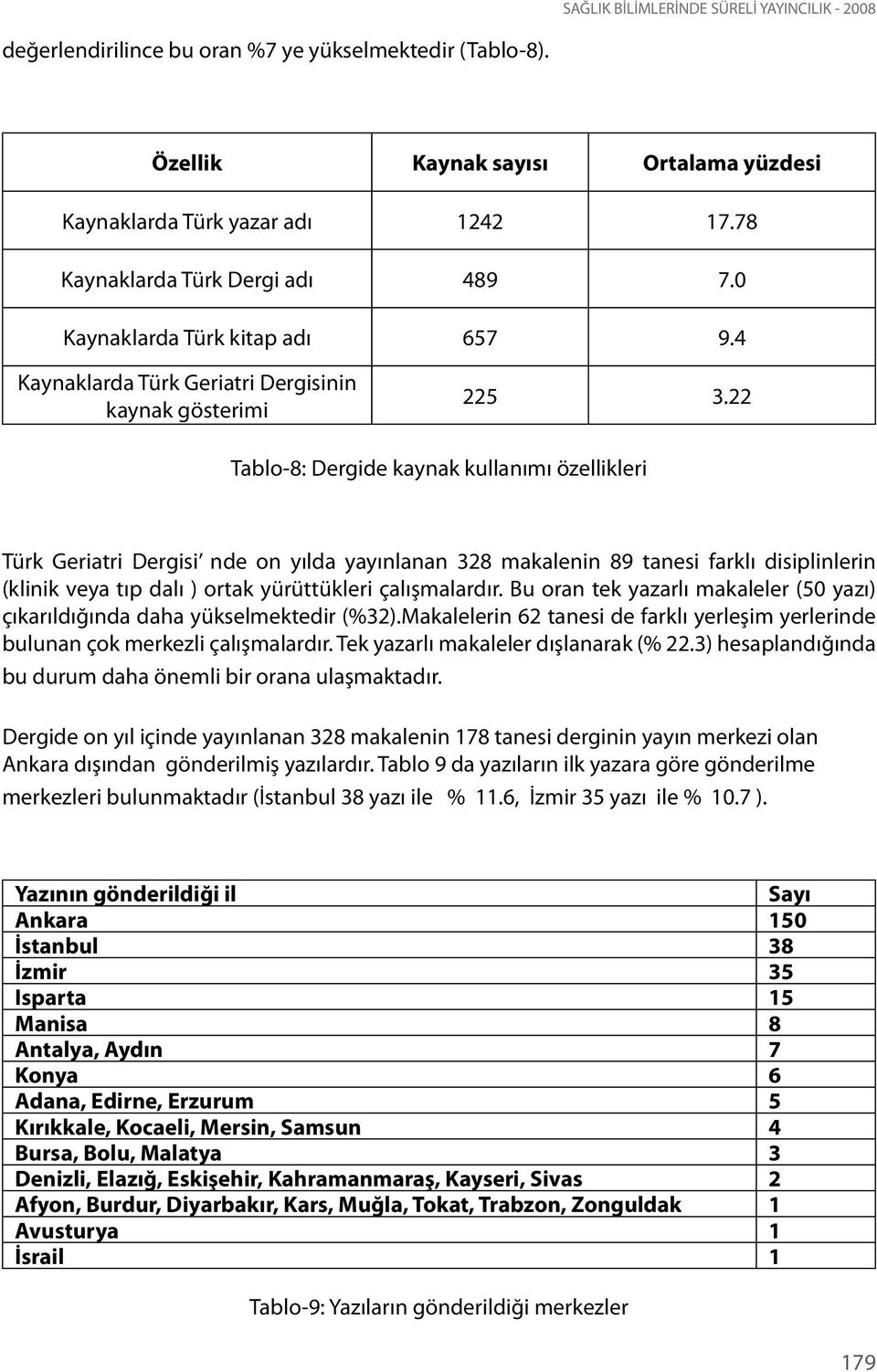 22 Tablo-8: Dergide kaynak kullanımı özellikleri Türk Geriatri Dergisi nde on yılda yayınlanan 328 makalenin 89 tanesi farklı disiplinlerin (klinik veya tıp dalı ) ortak yürüttükleri çalışmalardır.