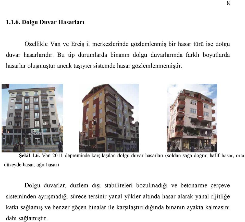 Van 2011 depreminde karşılaşılan dolgu duvar hasarları (soldan sağa doğru; hafif hasar, orta düzeyde hasar, ağır hasar) Dolgu duvarlar, düzlem dışı stabiliteleri