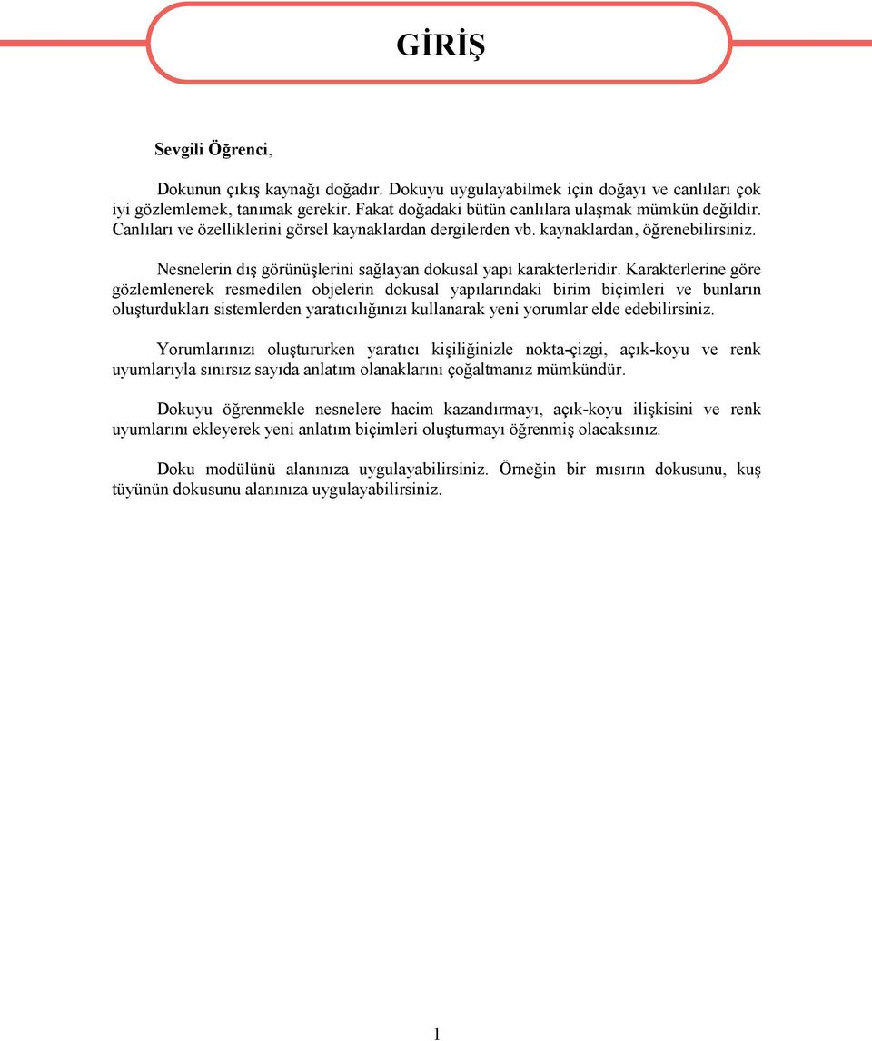 Karakterlerine göre gözlemlenerek resmedilen objelerin dokusal yapılarındaki birim biçimleri ve bunların oluşturdukları sistemlerden yaratıcılığınızı kullanarak yeni yorumlar elde edebilirsiniz.