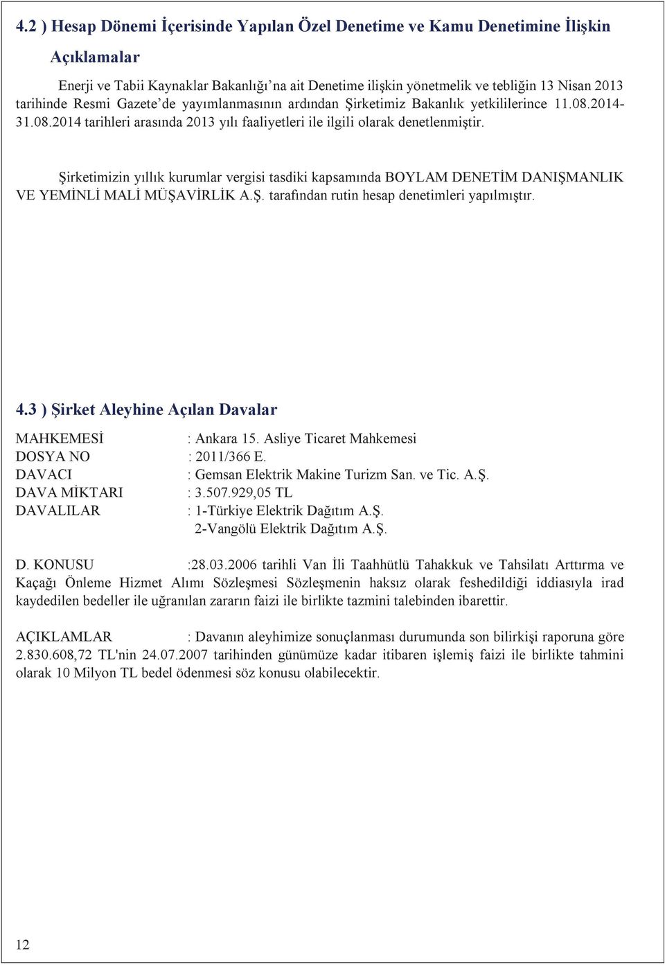 Şirketimizin yllk kurumlar vergisi tasdiki kapsamnda BOYLAM DENETİM DANIŞMANLIK VE YEMİNLİ MALİ MÜŞAVİRLİK A.Ş. tarafndan rutin hesap denetimleri yaplmştr. 4.