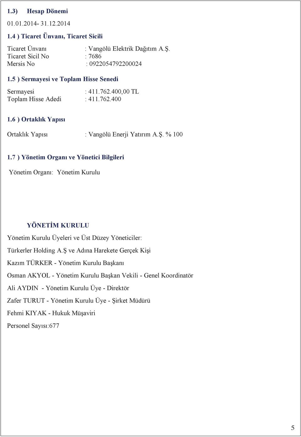 7 ) Yönetim Organ ve Yönetici Bilgileri Yönetim Organ: Yönetim Kurulu YÖNETİM KURULU Yönetim Kurulu Üyeleri ve Üst Düzey Yöneticiler: Türkerler Holding A.