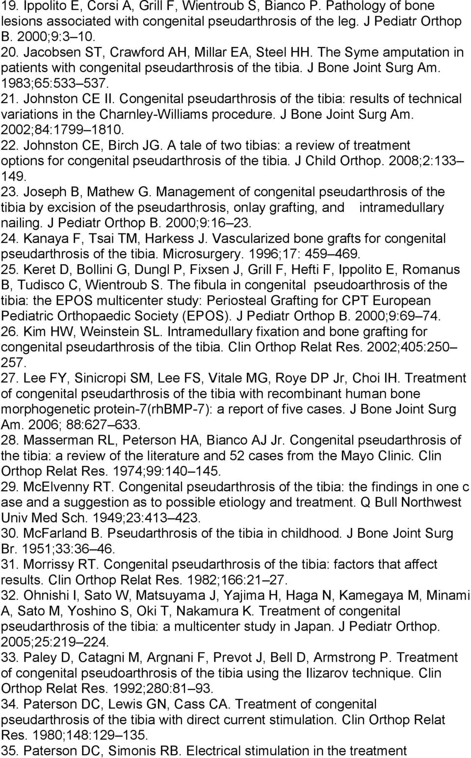 Congenital pseudarthrosis of the tibia: results of technical variations in the Charnley-Williams procedure. J Bone Joint Surg Am. 2002;84:1799 1810. 22. Johnston CE, Birch JG.