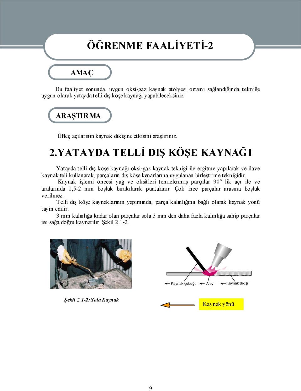 YATAYDA TELLİ DIŞ KÖŞE KAYNAĞI Yatayda telli dış köşe kaynağı oksi-gaz kaynak tekniği ile ergitme yapılarak ve ilave kaynak teli kullanarak, parçaların dış köşe kenarlarına uygulanan birleştirme